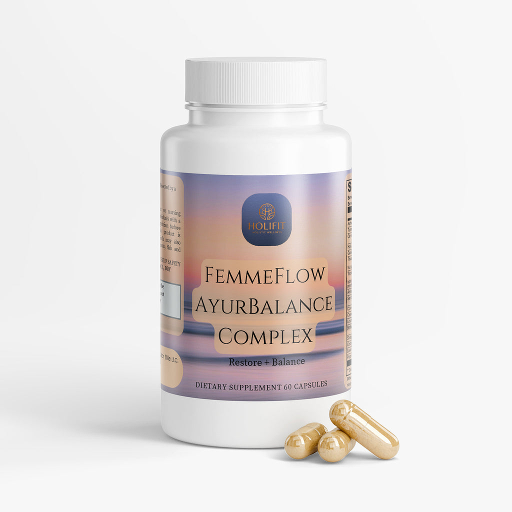 Supplement bottle labeled 'FemmeFlow AyurBalance Complex' with capsules on a white background